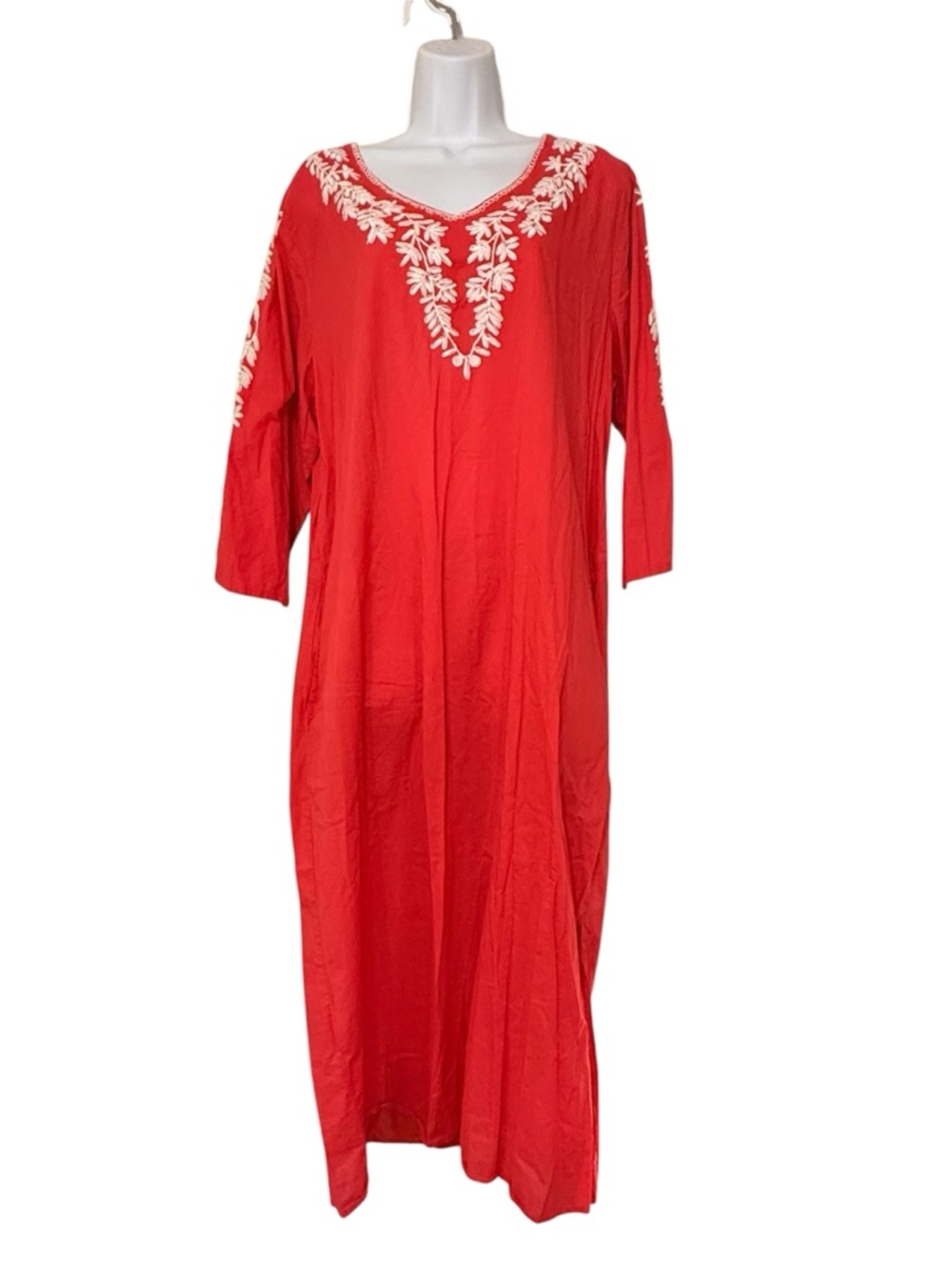 La Cera Maxi Dress Embroidered Coral 100% Cotton Pockets Lounger House Dress XL